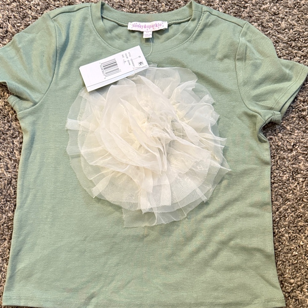 Kids Sage Green Short-Sleeve Tee with Cream Tulle Flower